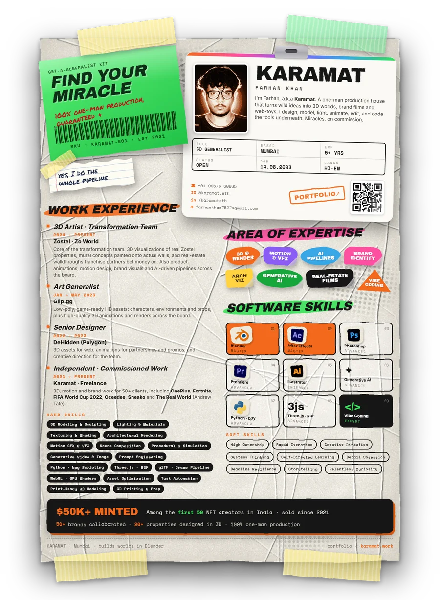 Farhan Khan (Karamat) CV, one page taped to the wall: profile card, work experience at Zostel, Glip.gg and DeHidden, areas of expertise, software skills and hard skills